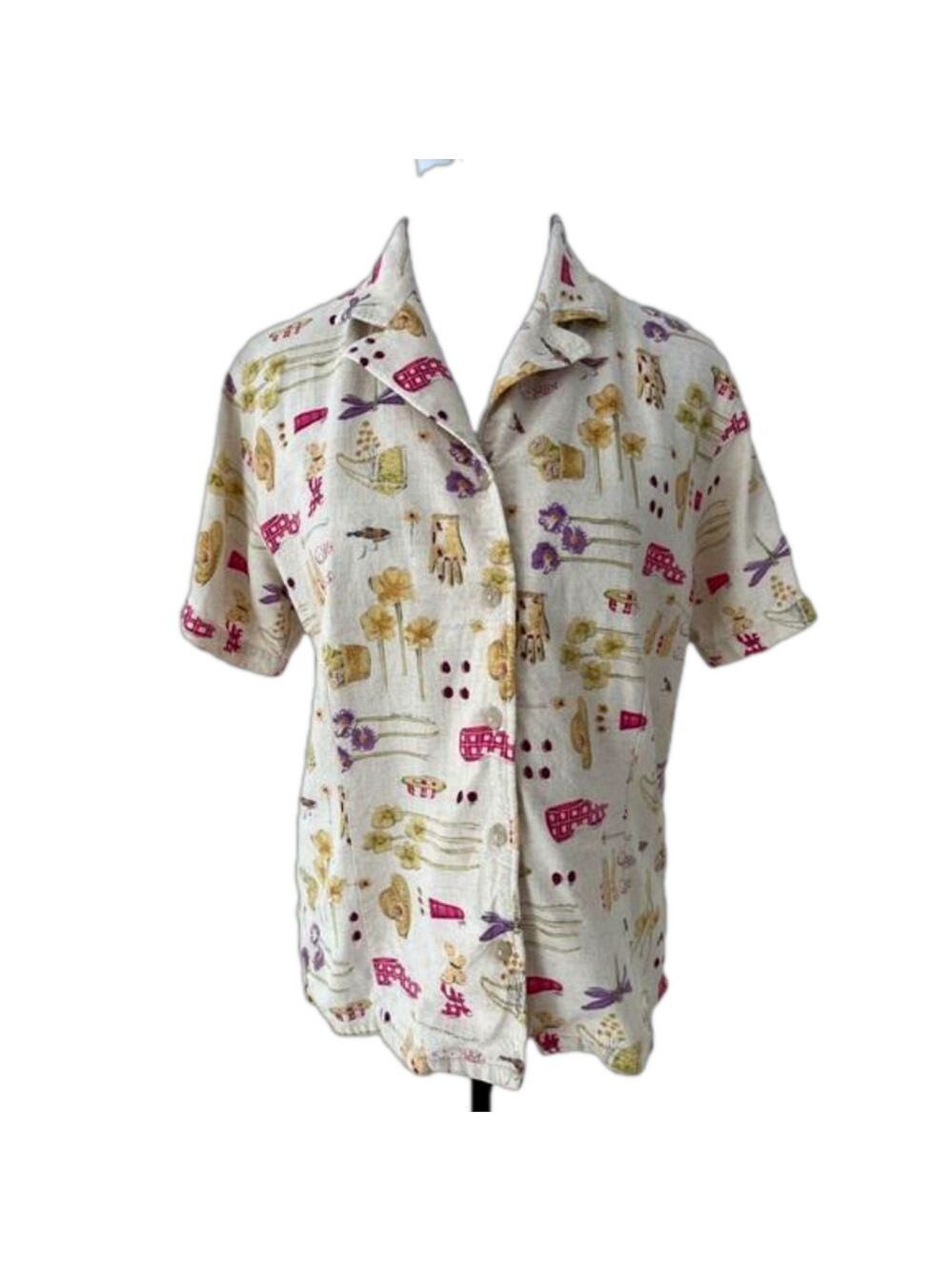 TABI INTERNATIONAL Vintage Linen Blend Button Front Camp Shirt Garden Print 90’s
